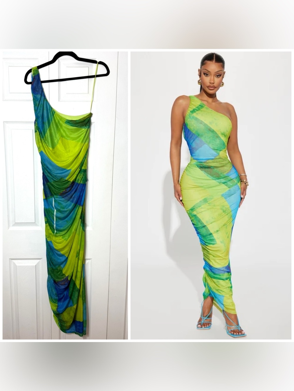 Fashion Nova Lola Lime Green Watercolor Ruched One Shoulder Mesh Maxi Dress Larg